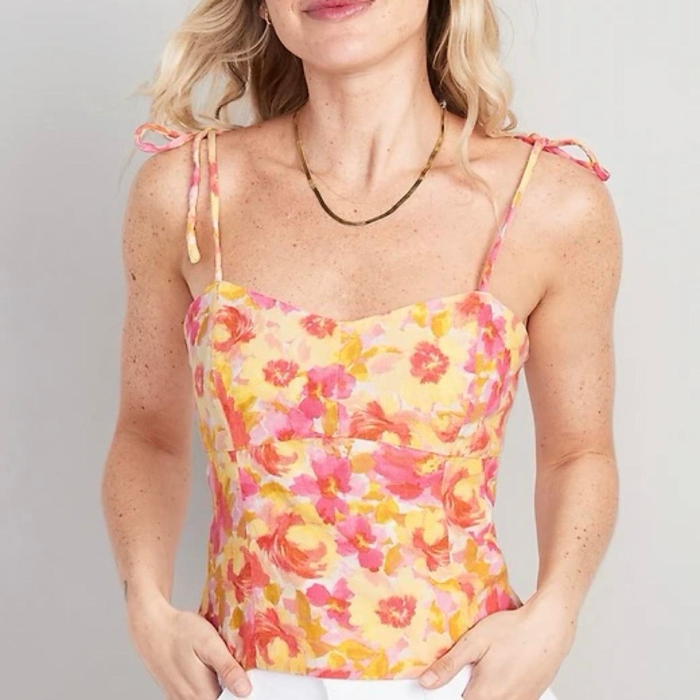 Old‎ Navy Womens Yellow Pink Floral Tie Strap Smocked Back Camisole Top Pink M